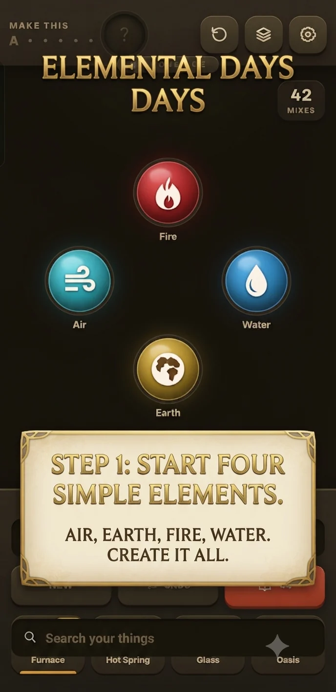 Elemental Days gameplay: the four starting elements — Fire, Air, Water and Earth — arranged on the board.
