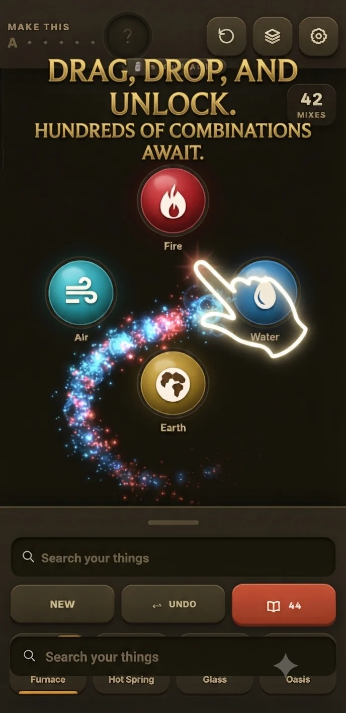 Elemental Days gameplay: dragging the Water element across the board to combine it with another element.