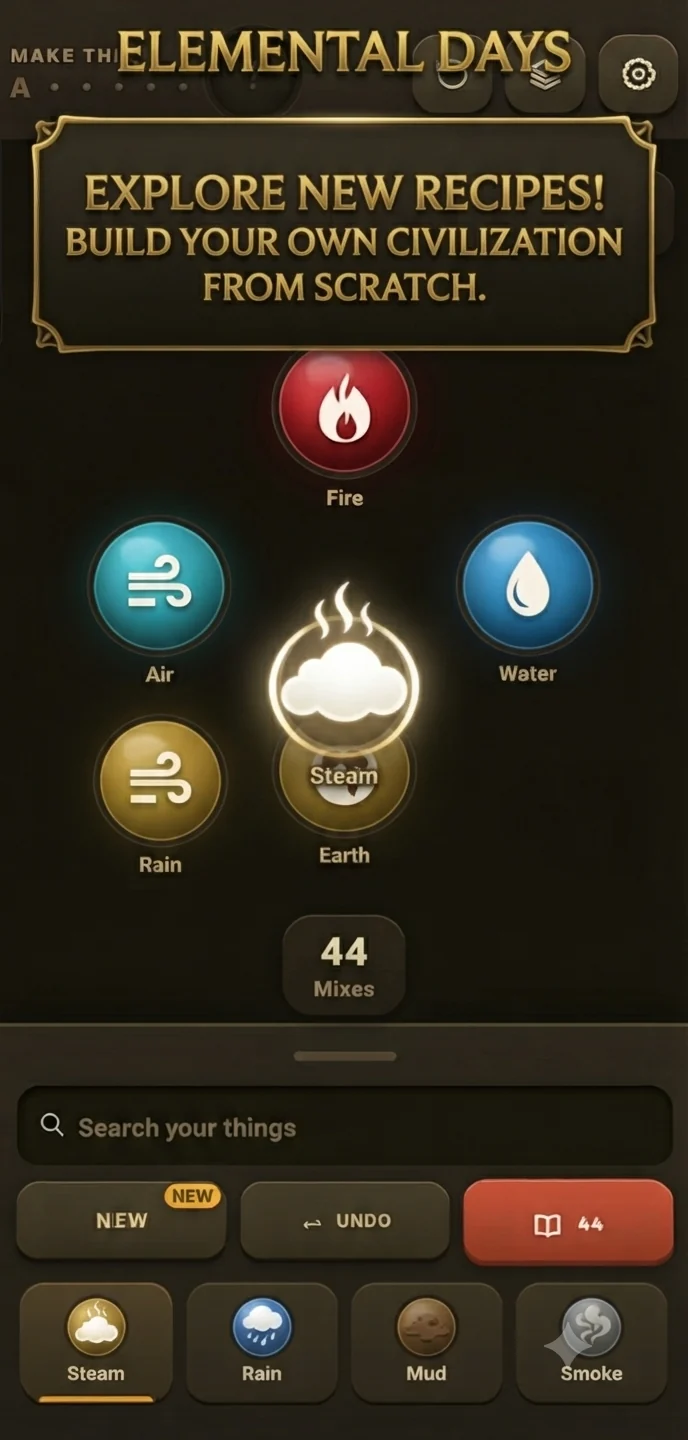 Elemental Days gameplay: combining Air and Water produces Steam, a newly discovered element.
