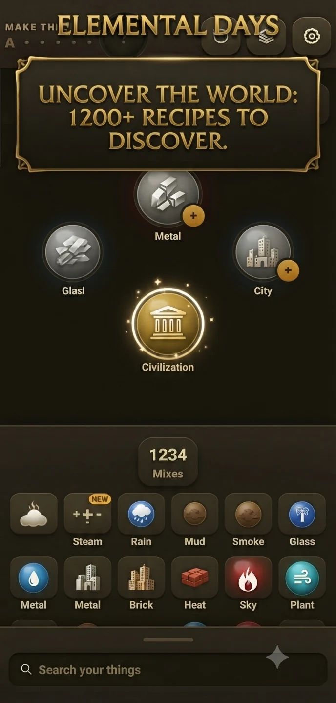 Elemental Days gameplay: later-stage elements including Metal, Glass, City and Civilization, with the discovery tray below.